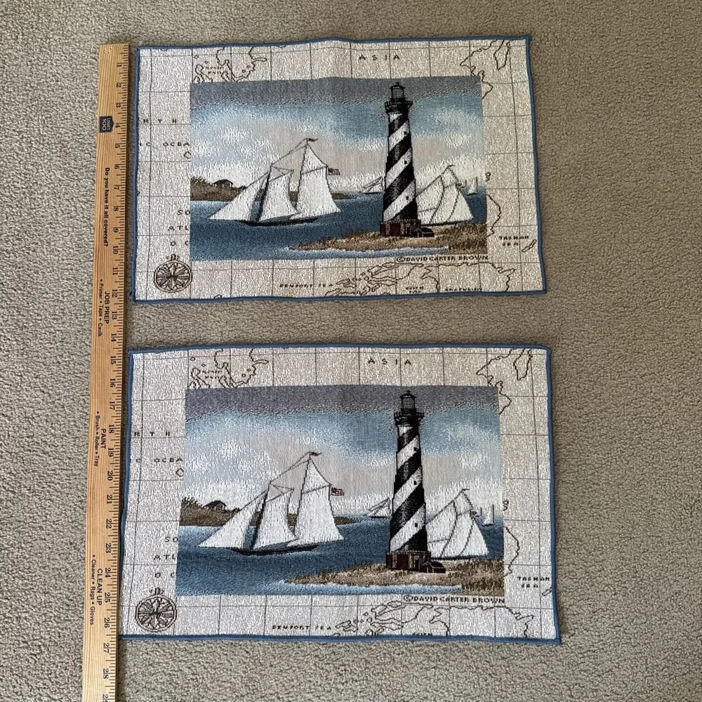 Pair Nautical Lighthouse Sailboat Woven Tapestry Placemats Coastal 18x12 Vtg
